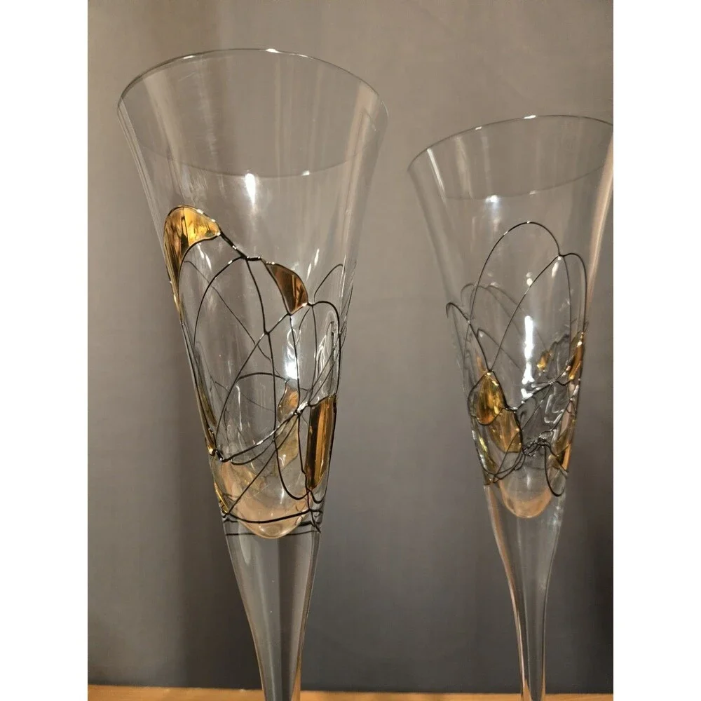 2 Romania Milano Crystal Gold & Black Champagne Flutes Wine Glasses, 11